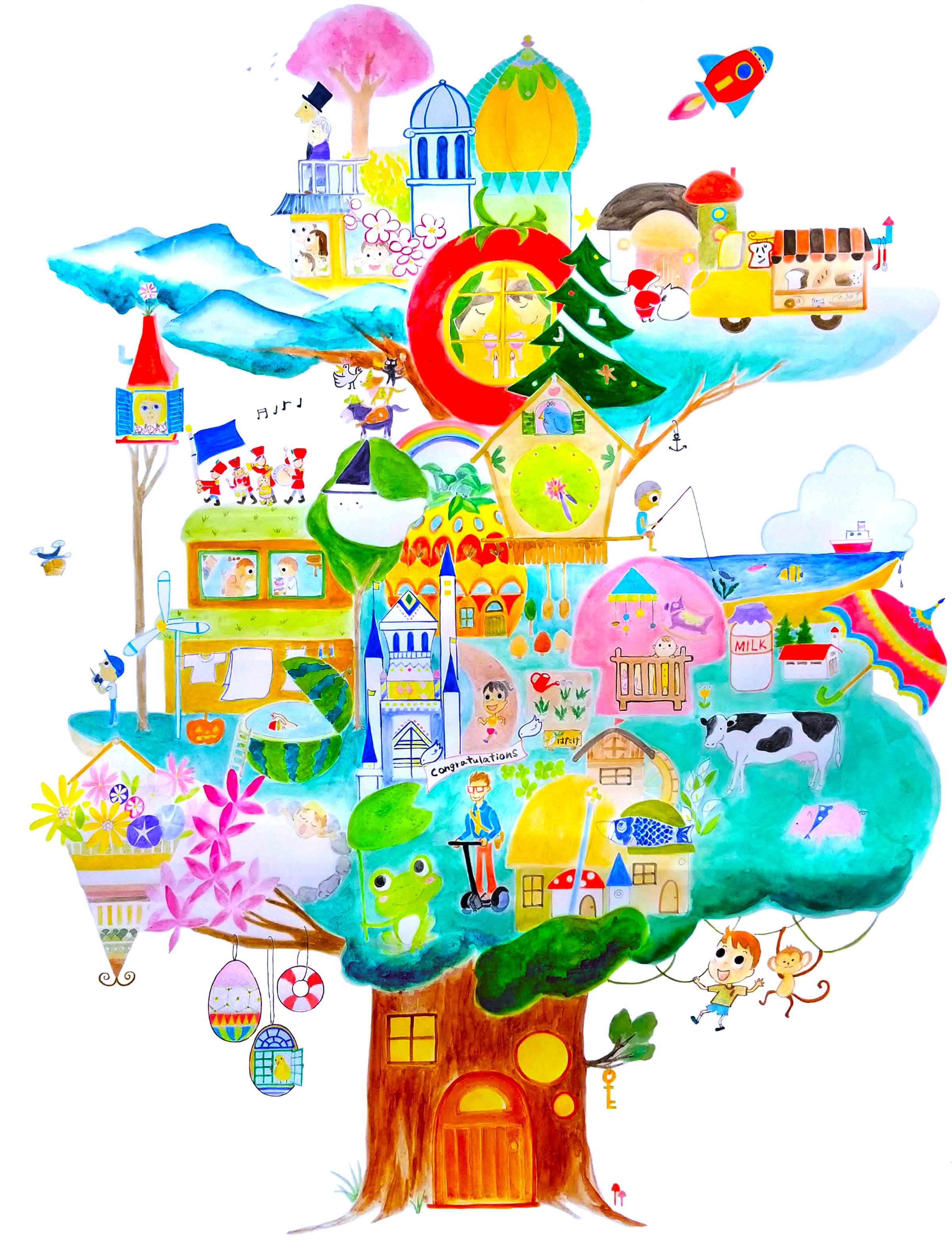 スマプラのオリジナルイラスト。大きな木に自然、街、人々、動物、未来の乗り物が描かれている